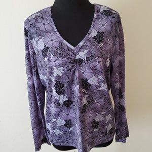 Style & Co. Purple/Black Floral V Neck Blouse Top Shirt